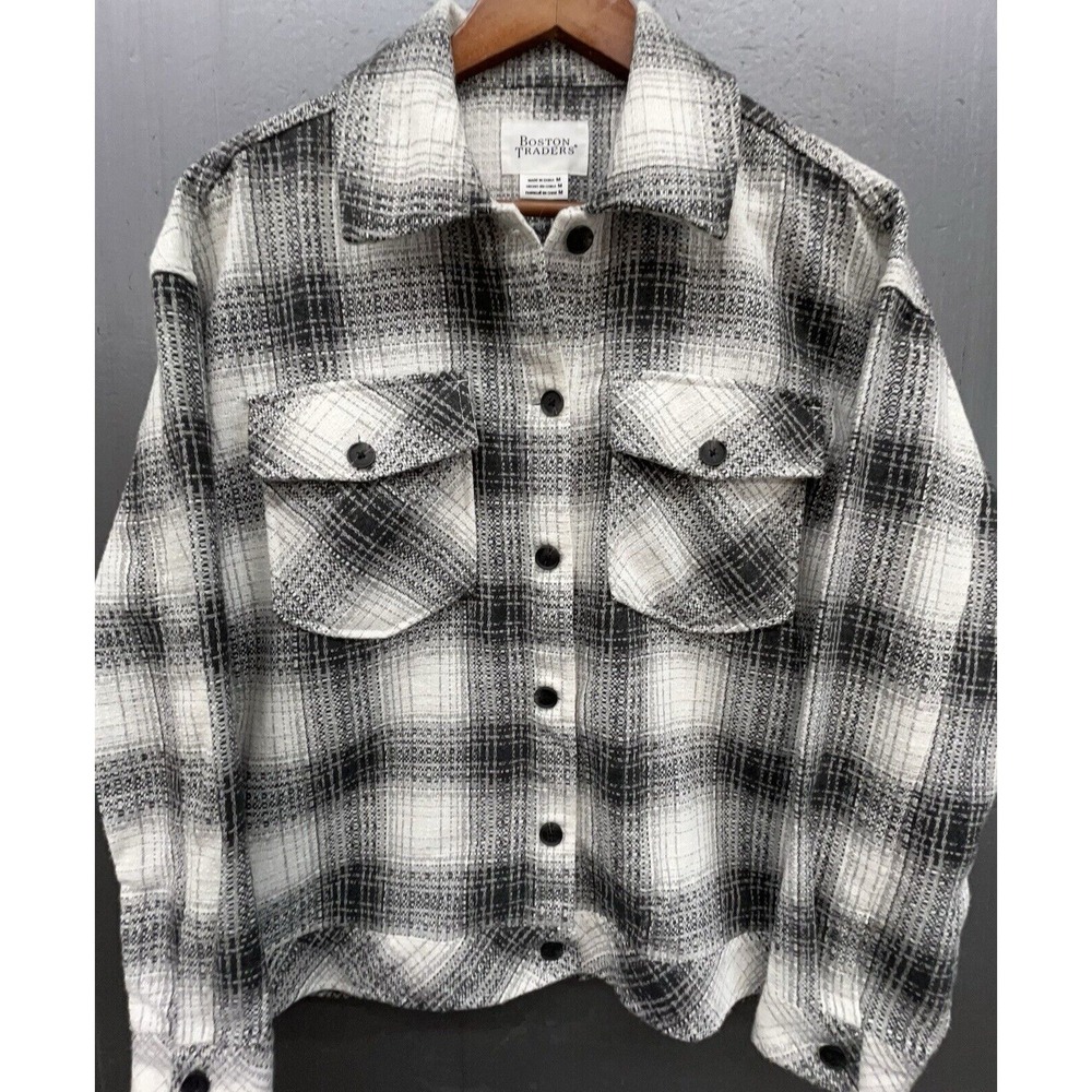 Boston Traders Shirt Jacket Women M Black Gray White Plaid Wool‎ Blend Shacket